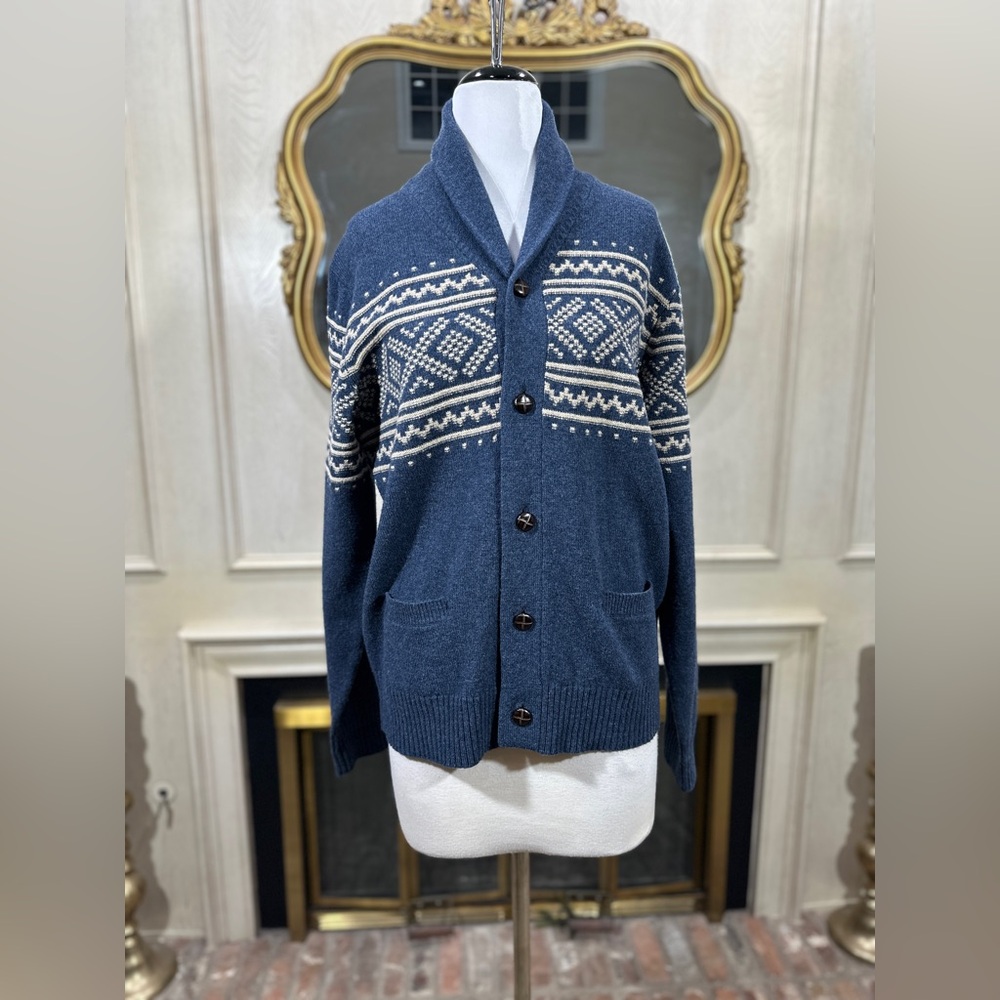 J. Crew Cardigan L Blue Fair Isle Lambswool Heritage Gorpcore‎ Cabin Chic